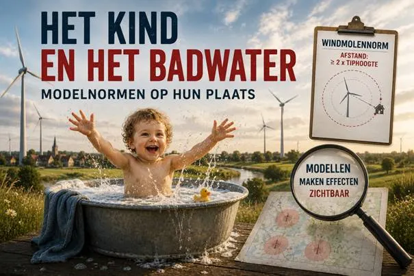 Illustratie bij het artikel Het kind en het badwater: een lachend kind in een badkuip in een weiland met windmolens, een klembord met de windmolennorm en een vergrootglas